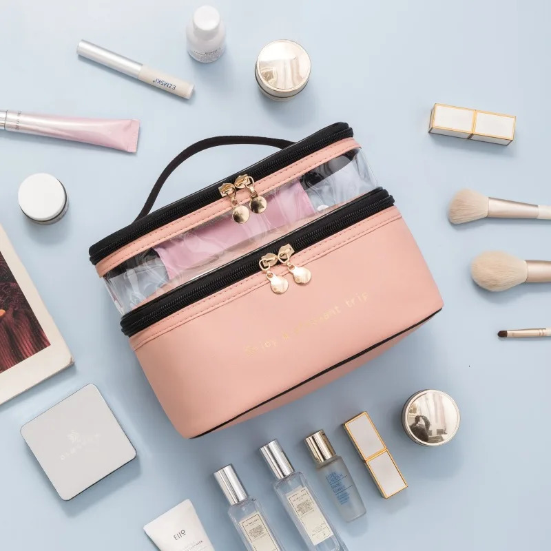 Waterproof PVC Womens Makeup Bag Portable Travel Leather Toilet Organized Storage Makeup Box Transparent Handbag 241031