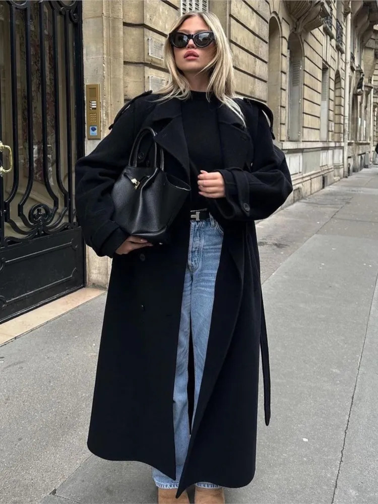 Suit collar long wool coat with belt black French coat wool coat womens winter double-sided coarse woolen coat 241030