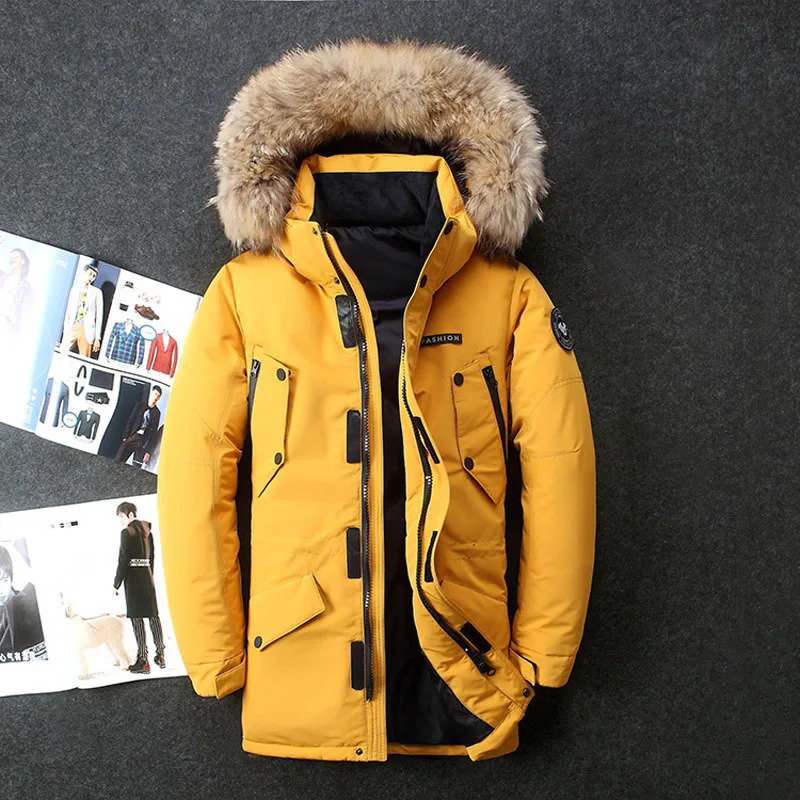 High quality mens winter white duck long down jacket with hooded fur collar mens outdoor windproof thick warm casual jacket 241030