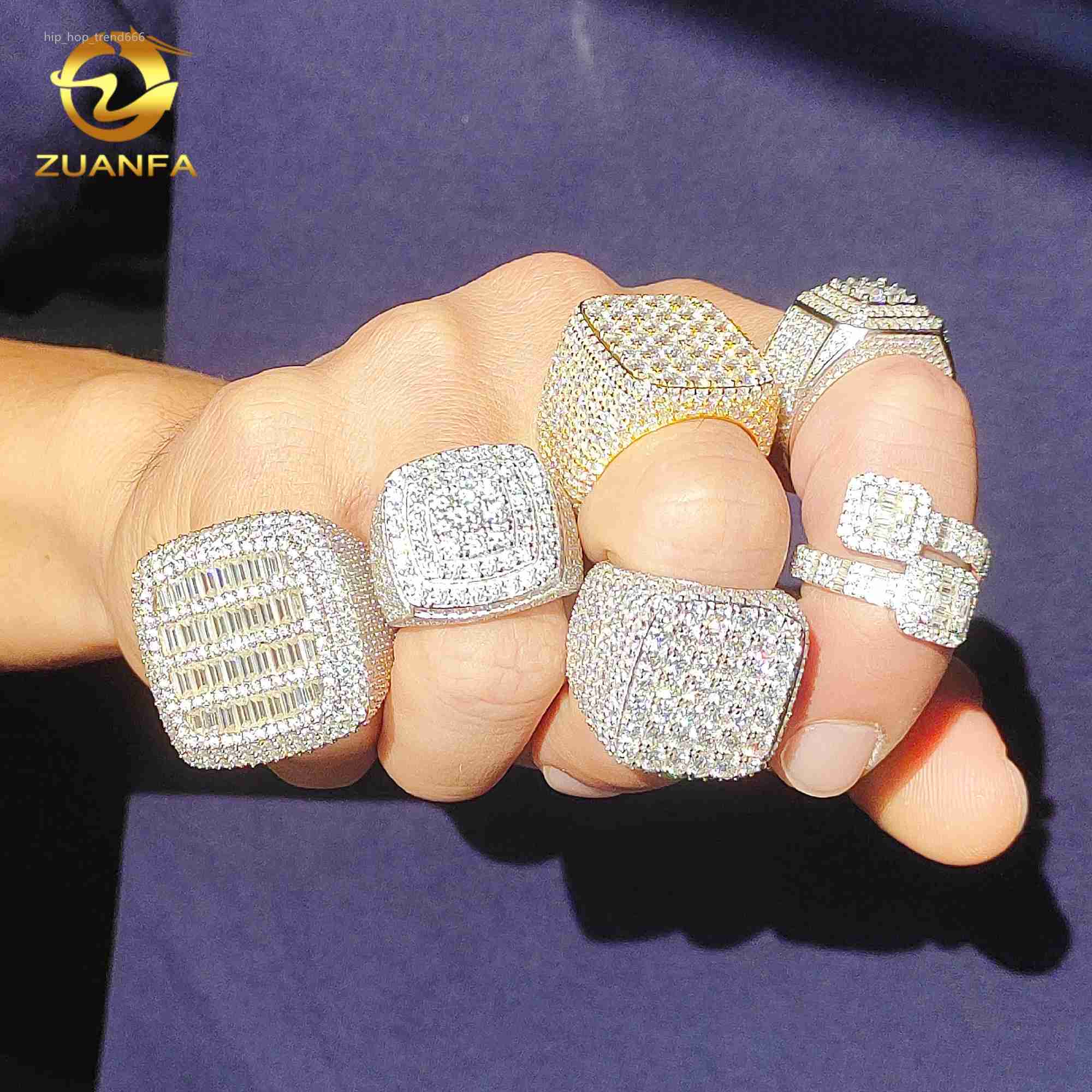 Iced out fashion jewelry men hip hop engagement moissanite rings 925 silver square shape baguette moissanite diamond rings