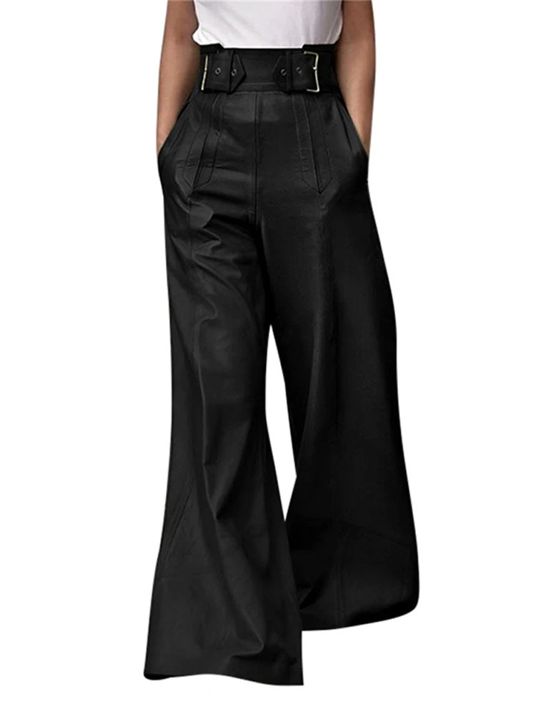 PU Leather Solid Women Long Pant High Waist Wide Leg Lady Trousers 2024 Vintage Autumn Pleated Pockets Belt Female Streetwear 241031