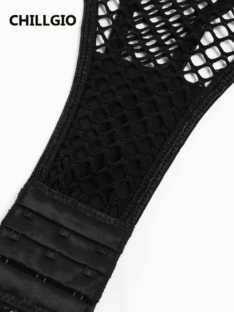 CHILLGIO Women Black Bodysuit Sexy Porn Underwear Hollow See-through One Pieces Combination Jumpsuit Slim Fishnet Halter Catsuit 241031