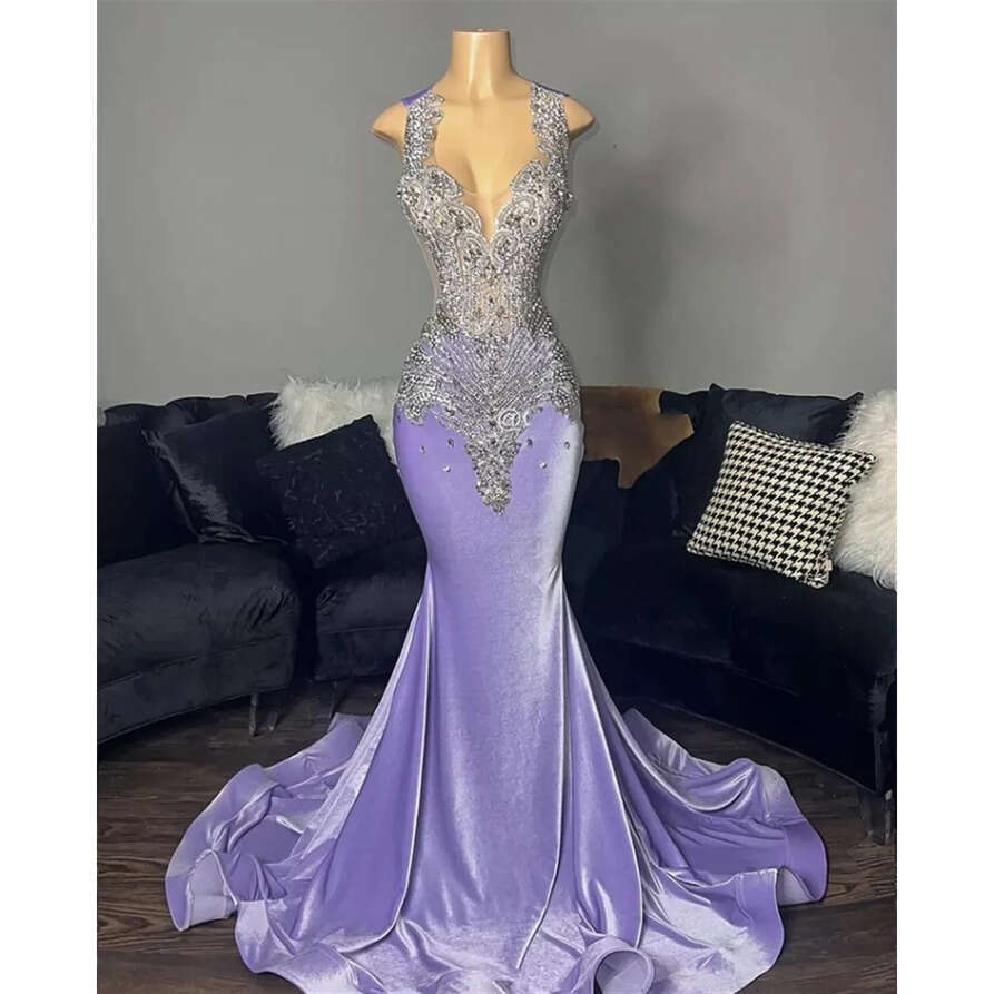 Light Purple Veet Mermiad Prom For Black Girls Beaded Spaghetti Graduations Dresses Birthday Party Gowns 0516