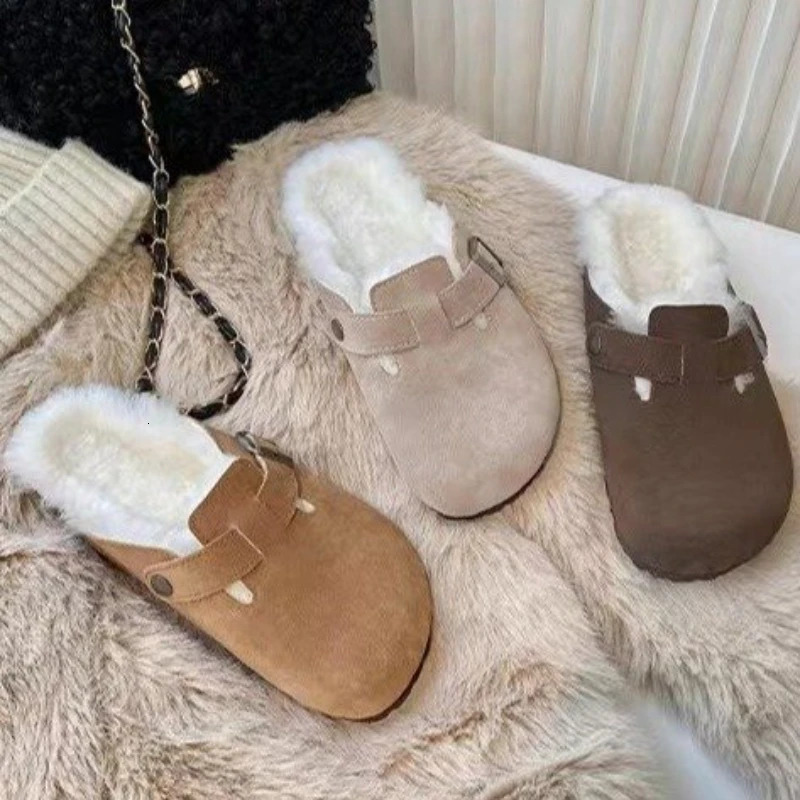 Womens Slide Autumn/Winter Leather Round Toe Slide Couple Slide Outdoor Leisure Stay Warm Womens Suede Slide 241031