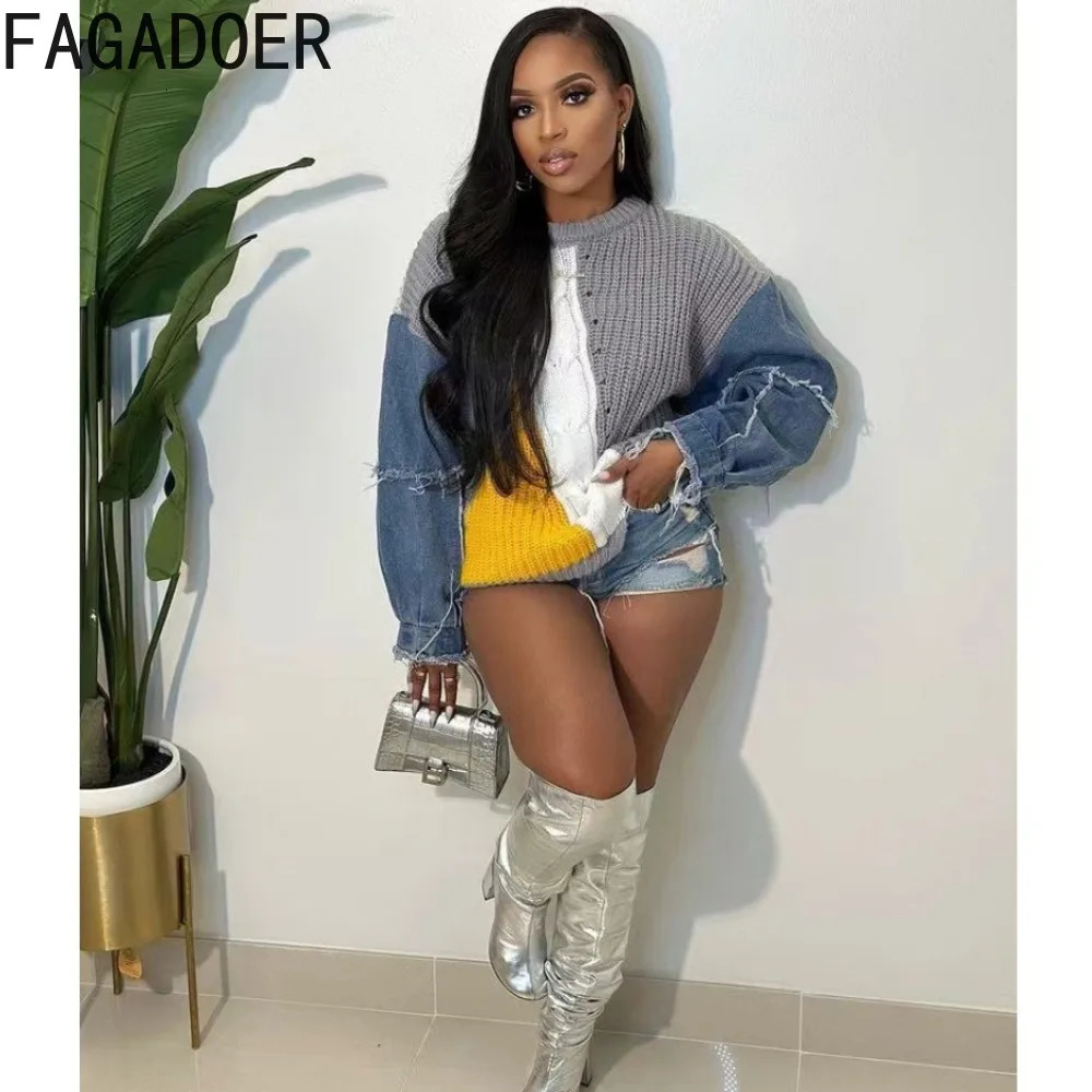 FAGADOER Autumn Knitted Sweater Splicing Denim Pulling Flower Womens Round Neck Long Sleeve Loose Top Womens Street Clothing 241025