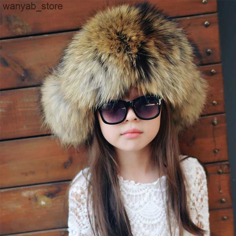 Stingy Brim Hats Russia Kids Hat Children Girls Warm Winter Fur Real Fur Zorro Baby Hat Solid Color Caps Kids Warm Ears Children Kids Hat L240910