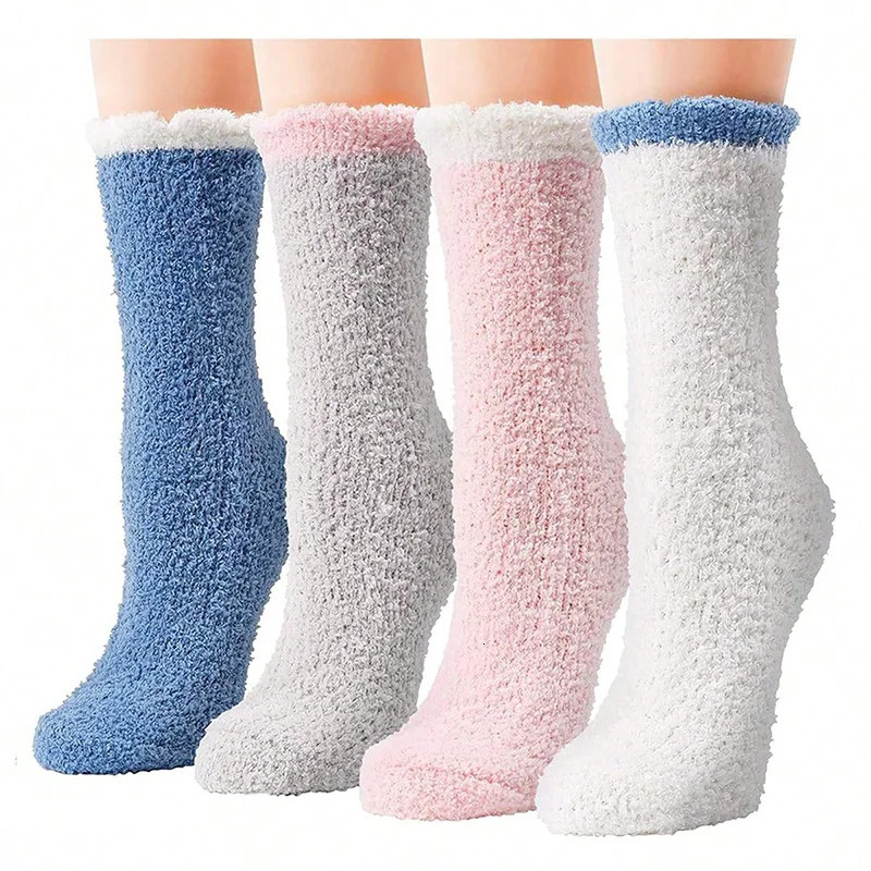 4 Pairs Women Winter Warm Fuzzy Socks Thick Thermal Solid Soft Fluffy Socks Cute Fashion Slipper Home Floor Sleeping Socks 241031