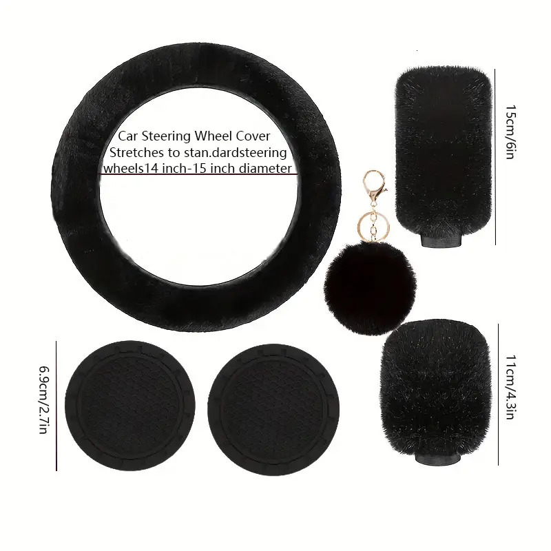 New Pink Car Plush Steering Wheel Set 6Pcs Gear Handbrake Cover Coaster Key Ring