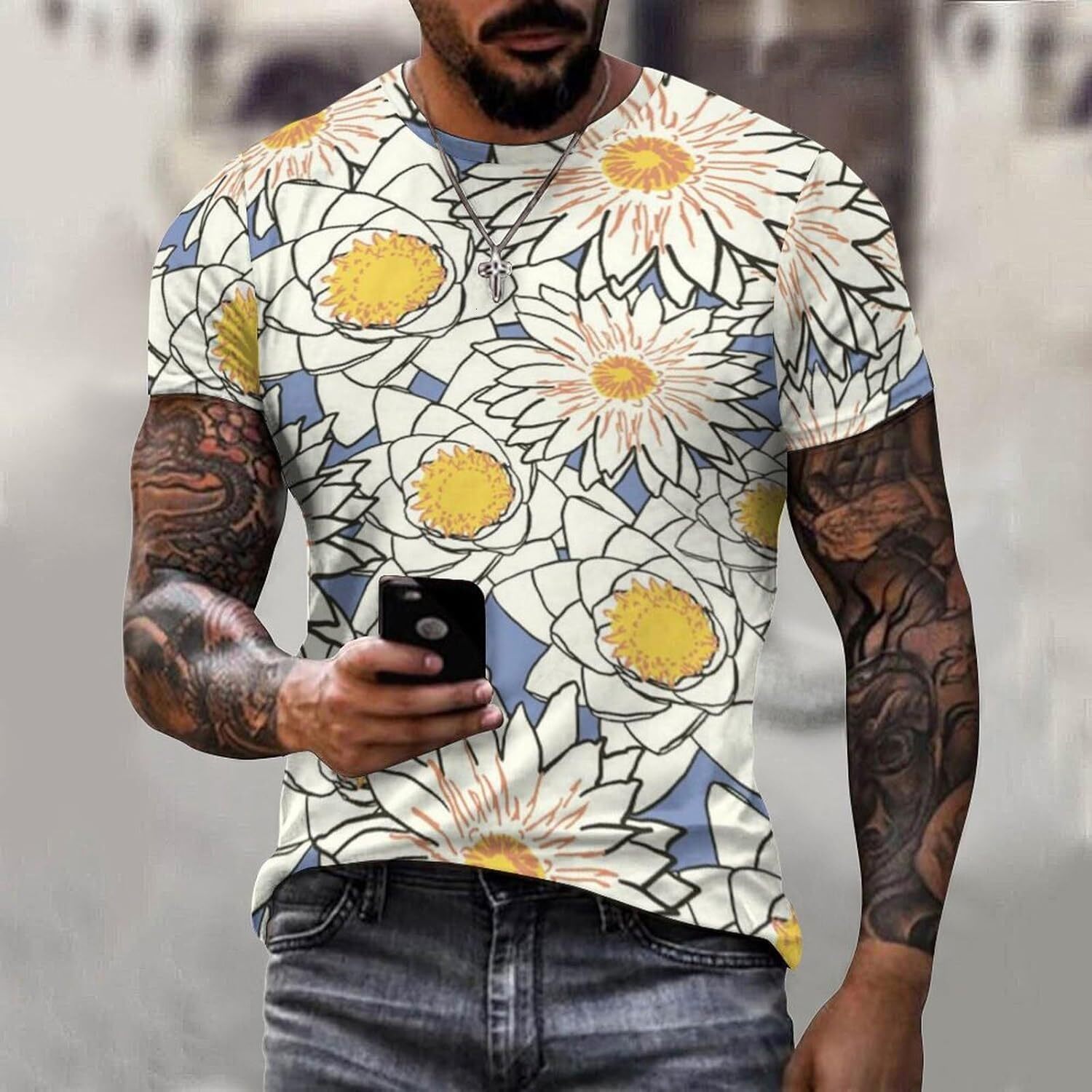 Mens T shirt Flowers Pattern Cotton T-Shirt 3D Printed Casual Shirt Men's Crew Neck T-Shirt tee Casual tops summer clothes