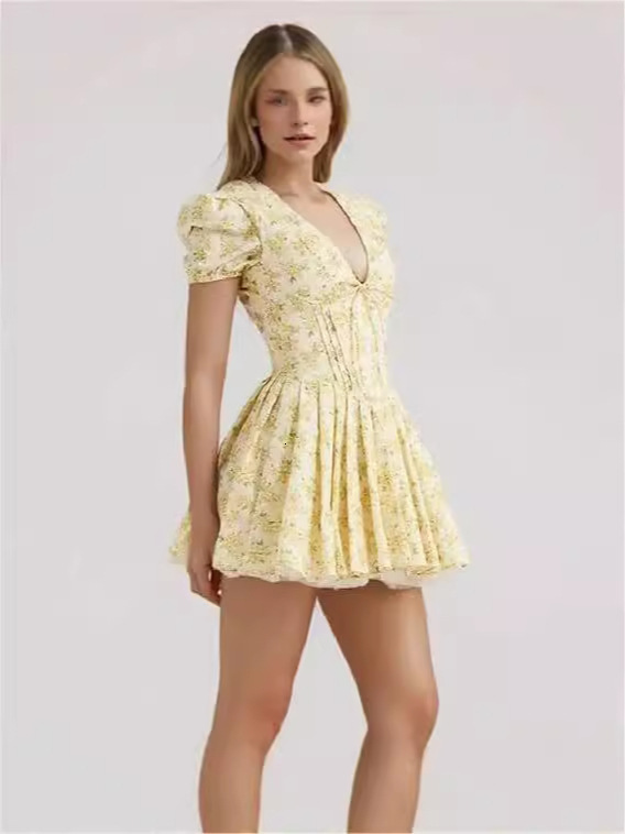 european and american women's clothing summer new product fashion first love floral bubble sleeves vneck slim fit french retro dress fluffy skirt