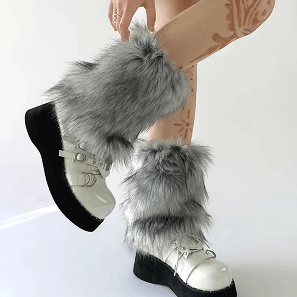 Y2k Winter Warm Leg Warmers Gothic Punk Gray Boot Covers Faux Fur Boots Socks Fashion Harajuku Leggings JK Knee-length Stockings 241031