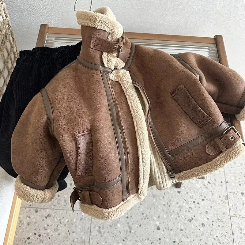 Cashmere Leather Jacket Winter Keep Warm Boys Jacket Thick Lining with Plush Fur Collar Hooded Heavy Coat for Kids Girls Coats 241030