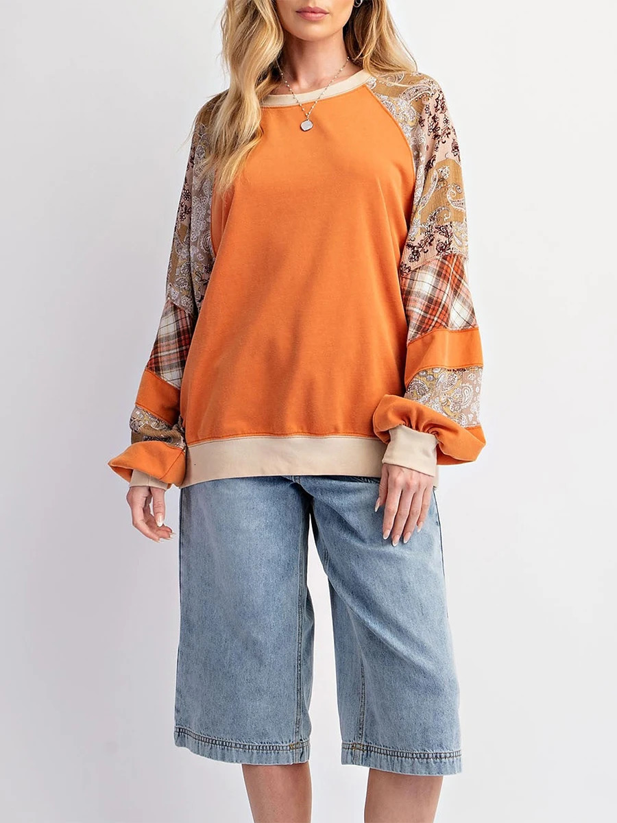 Vintage Indie Sweatshirt Contrast Print Loose Crew Neck Long Sleeve Pullover Tops Womens Casual Fall Tshirt Tees Streetwear 241031