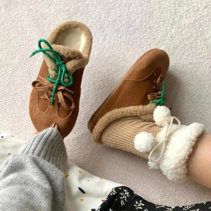 Flats Mules Women Slingback Slippers Winter Suede Lace Up Fashion Short Plush Warm 2025 Trend Shoes Women Cozy Cotton Slippers 241031