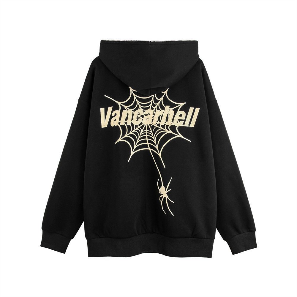 Masked zippered hooded jacket men's trendy brand dark vibe high street niche spider web foam printed cardigan hoodie 06