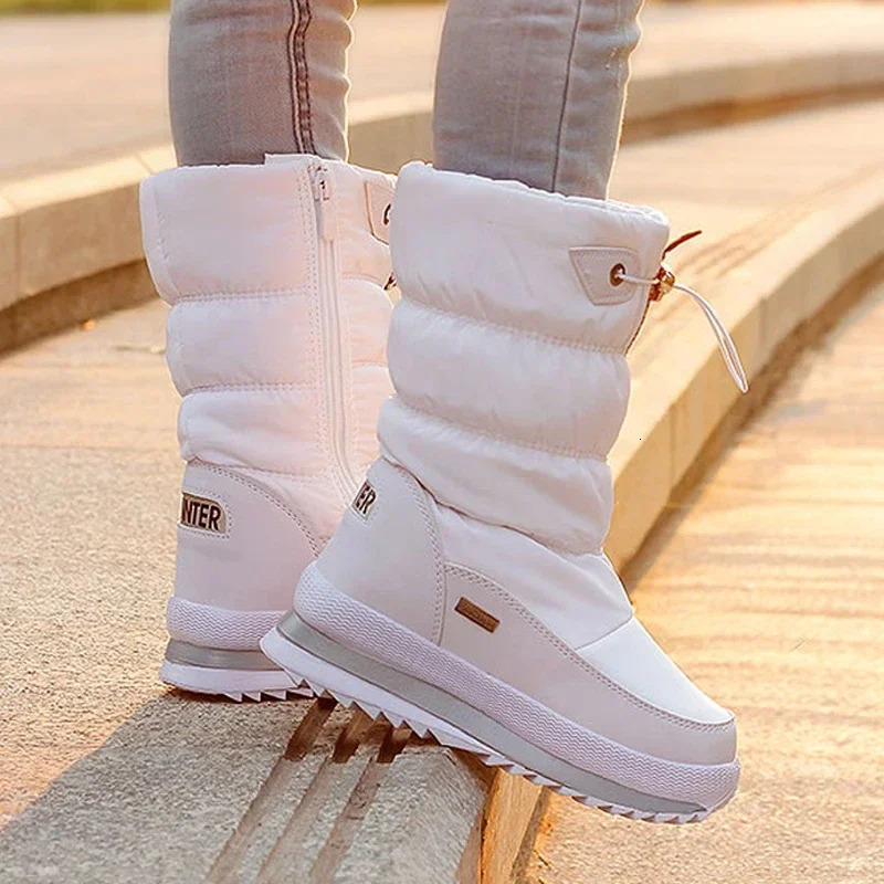 White Women Winter Shoes Warm Plush Mid-calf Waterproof Rubber Non-slip Platform Snow Boots Female Plus Size 42