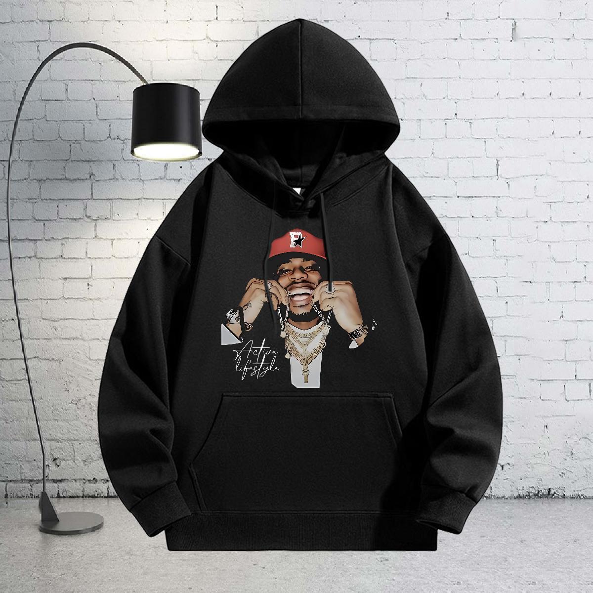 Classic Hooded Sweatshirt Drawstring Long Sleeve Comfortable Men Hoodie Hip Hop Clothings Anime Print Thick Fleece