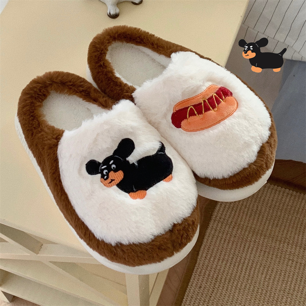Female winter personality cartoon dachshund puppy fluffy cotton slippers Warm and interesting shoes for home bedroom in winter