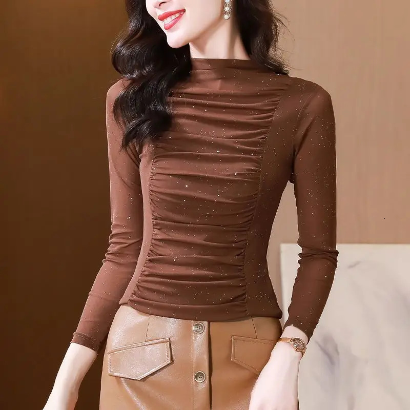 Simplicity Autumn Winter Womens Mock Neck Solid Bright Silk Pleated Korean Fashion Long Sleeve Loose Pullovers TShirts Tops 241031
