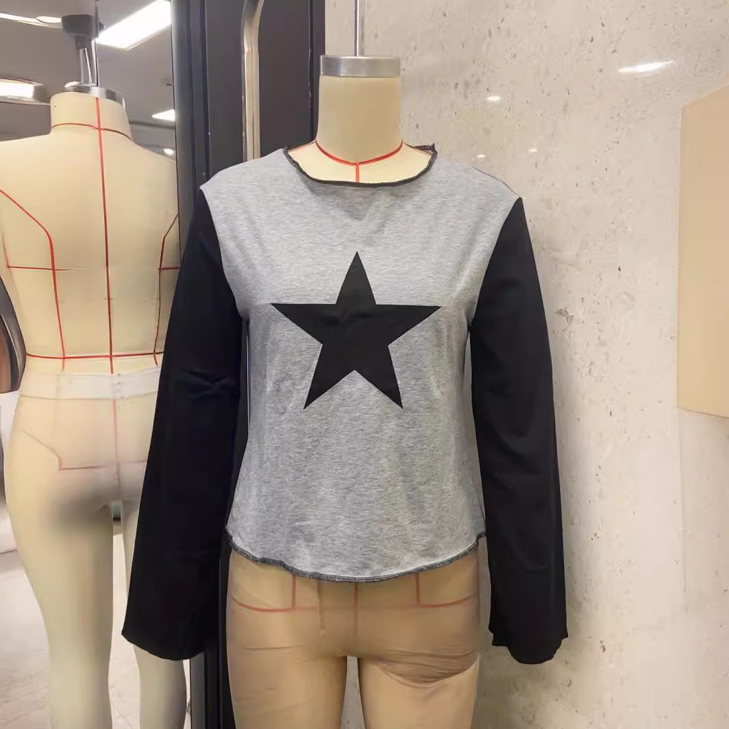 Design sense: 2024 Spring Autumn new sweet and spicy contrasting color lucky star women's T-shirt
