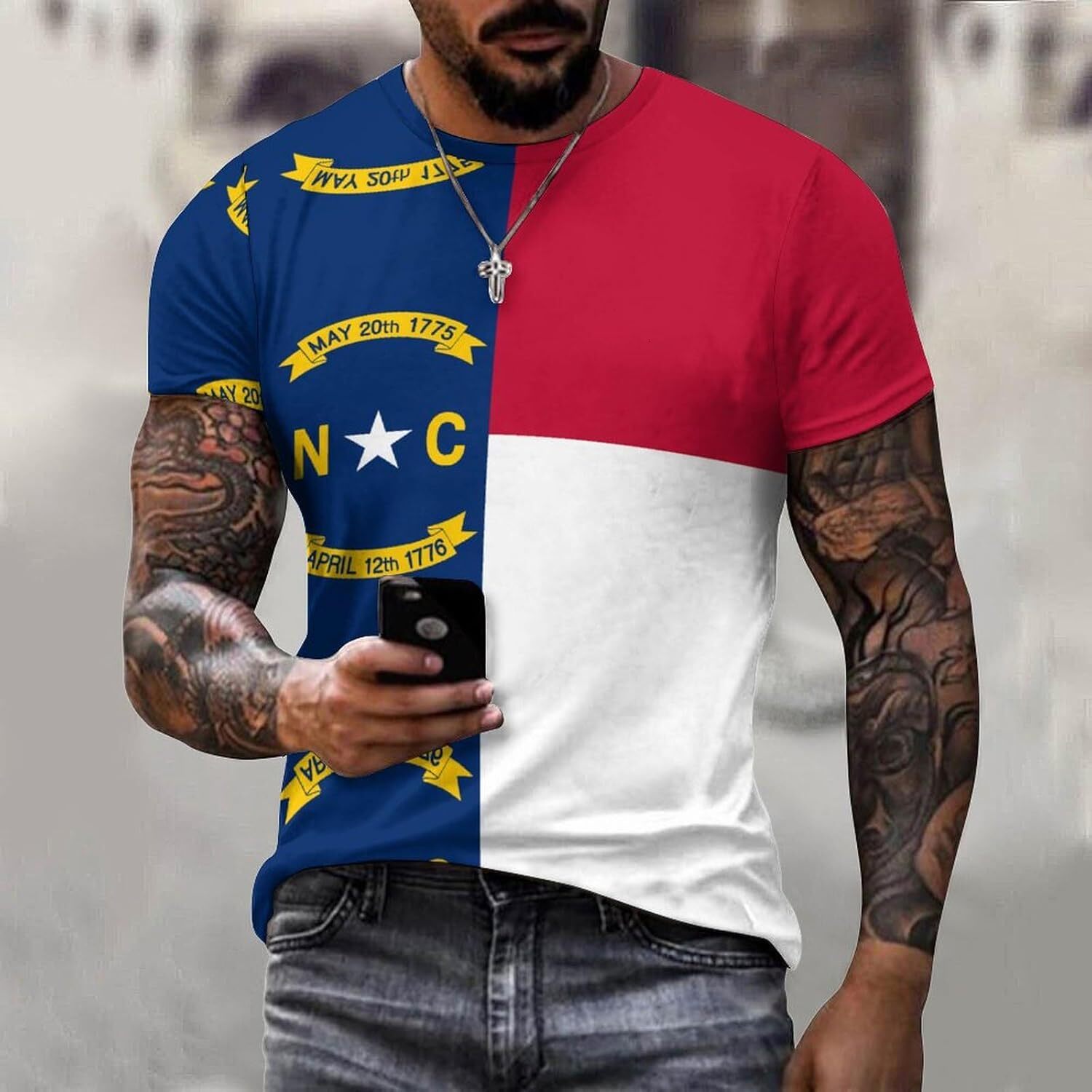 Mens T shirt Flag of North Carolina Cotton T-Shirt 3D Printed Casual Shirt Men's Crew Neck T-Shirt tee Casual tops summer clothes