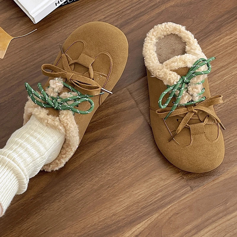 Aphixta Cow Suede Brown Slipper Furry Warm Women Mule Outside Plush Shoes Colorful Lace Up Slides chaussures femme zapatos mujer 241031