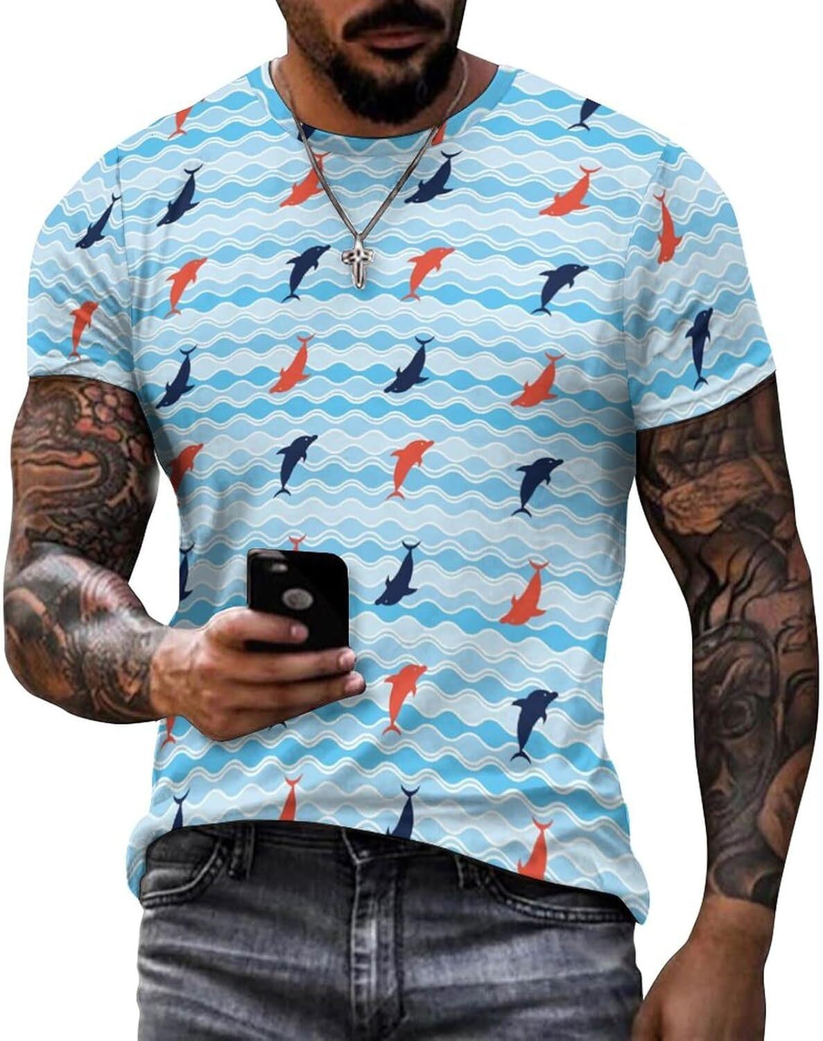 Mens T shirt Dolphins Pattern Cotton T-Shirt 3D Printed Casual Shirt Men's Crew Neck T-Shirt tee Casual tops summer clothes