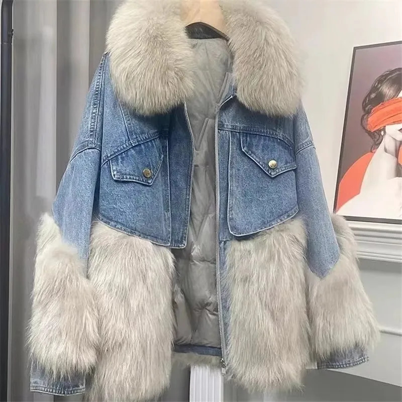 Large fur collar Denim jacket women fur Parkas 2024 winter fashion splicing coat Racoon hair short outerwear 3343 241031