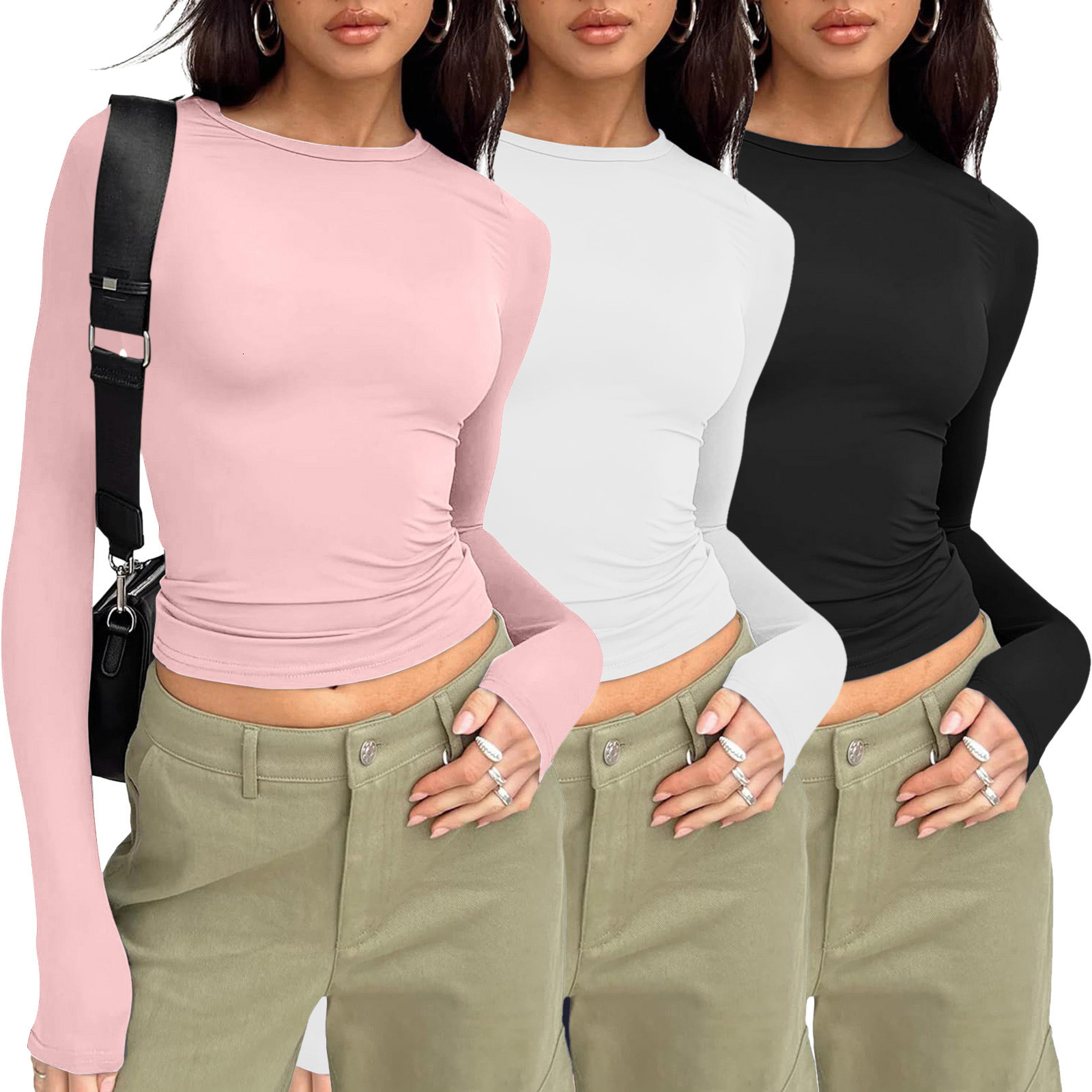 2024Designer casual long sleeved spring and autumn solid color slim fit pullover T-shirt women's street wear base shirt top three piece set