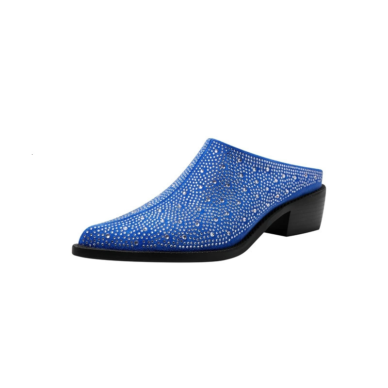 2024 Mules Baotou Pointed Thick Heel Medium Heel Rhinestone Large Womens Slippers Half Slippers Women Shoes for Women 241031