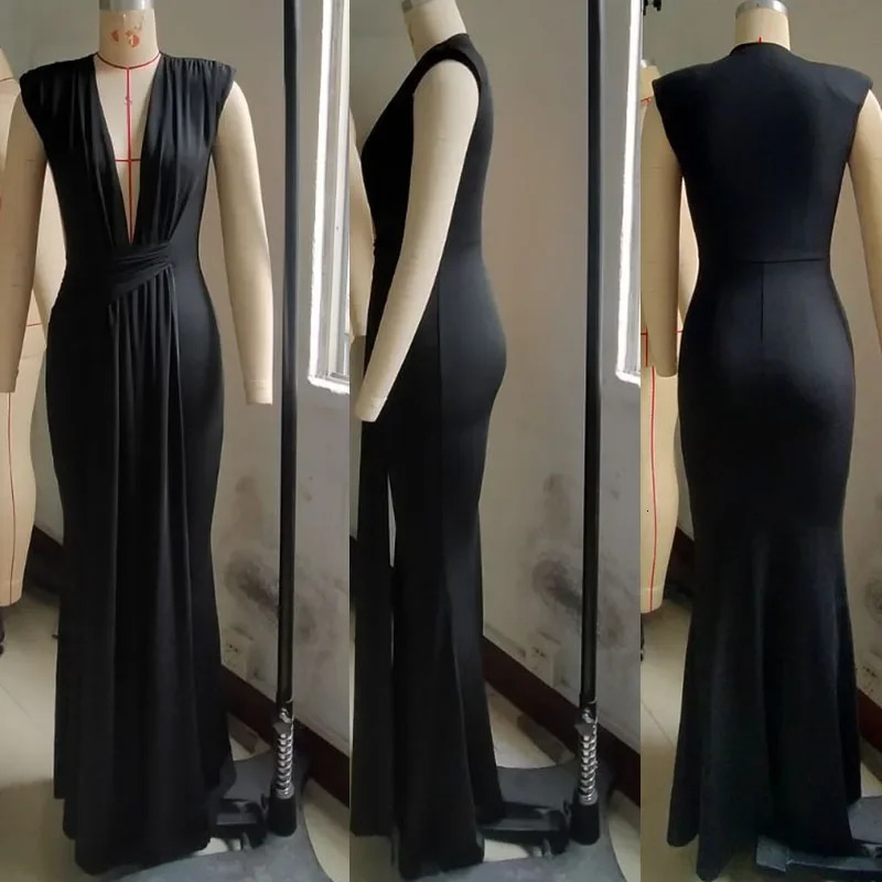 Elegant Ruched Bodycon Maxi Dresses for Women Birthday Night Party Evening Prom Deep V-neck Sheath Celebrity Formal Long Dress 241030