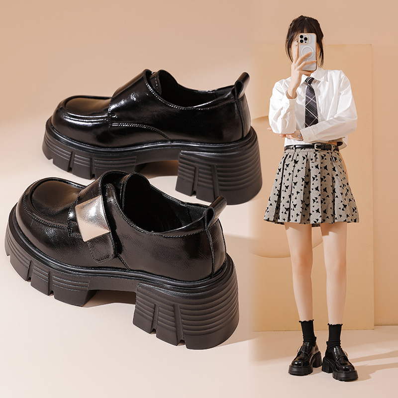 Platform Loafers Women Cow Leather Round Toe Triangle Marker New Sewing Design Classical Black Shoes Female Handmade