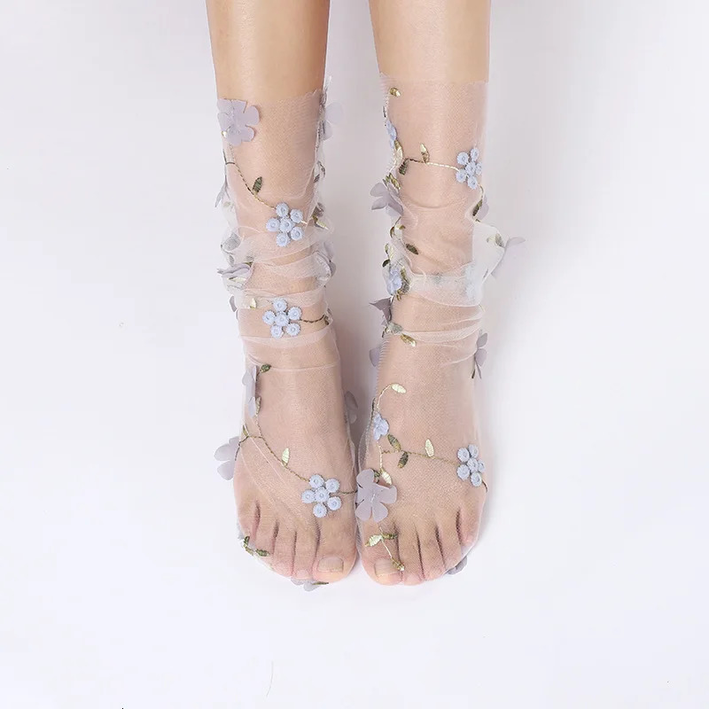 Fashion 3D Flower Lace Socks Women Transparent Long Tulle Socks Femme Summer Ultra-thin Socks Woman Dress Calcetines medias 241031