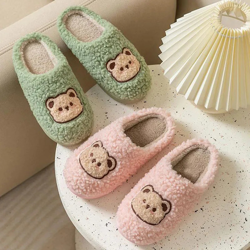 WDZKN fashionable winter womens home slippers cute cartoon flat anti slip fur warm slippers womens bedroom cotton shoes 241031