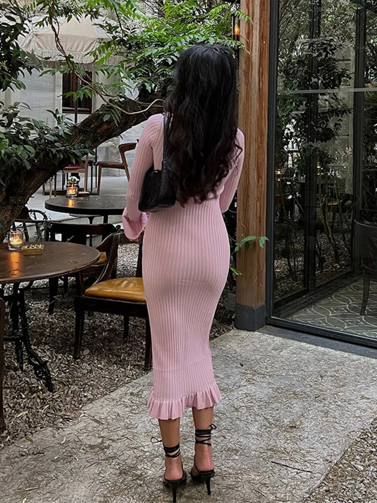 Elegant Knitted Women Long Dresses Casual Long Lantern Sleeve Female Robe Autumn Single-breasted Hip Package Ladies Streetwear 241031