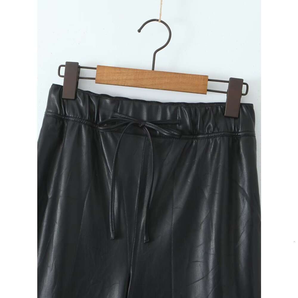 Aoaiiys Faux Leather Women Black Casual Fashion Autumn Winter PU Pants With Belt Chic Female Pockets High Waist Trousers