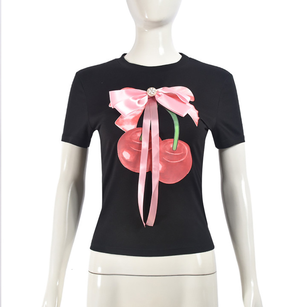 Designer Nazada 2024 Summer New Printed Round Neck Bow 3D Decorative T-shirt for Women
