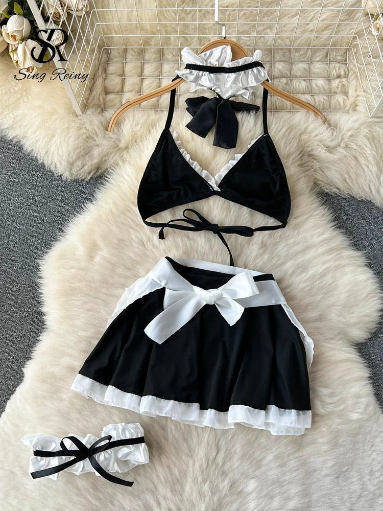 SINGREINY Maidservant Cosplay Porn Sexy Suits Women Halter Mini BraShort SkirtThongs Ruffles Sweet Lingerie Erotic Nightsuits 241031