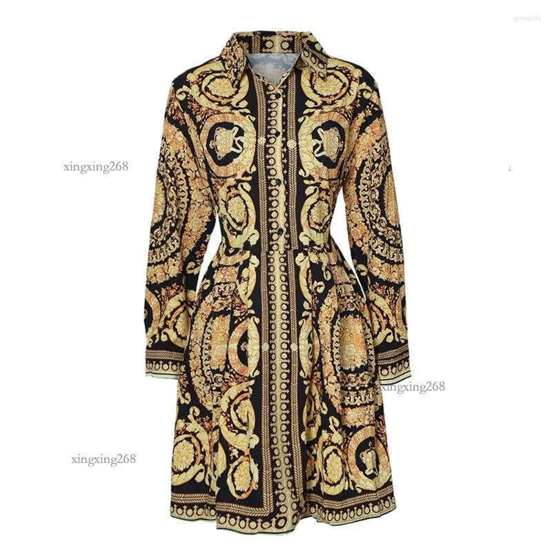 Casual Dresses Women Autumn Clothes Floral Vintage Lapel Long-Sleeves Form-Fitting Skirt With Button Open For Ladies