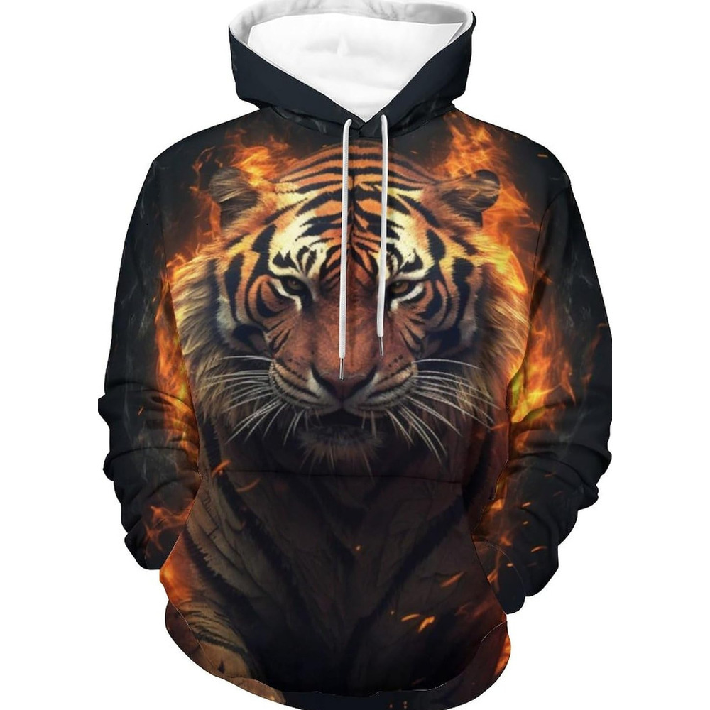 Hoodie for Mens Womens The Tiger with Flame Hoodie Novelty Sweatshirt Pullover Top for Men Graphic Warm Hip Hop cool