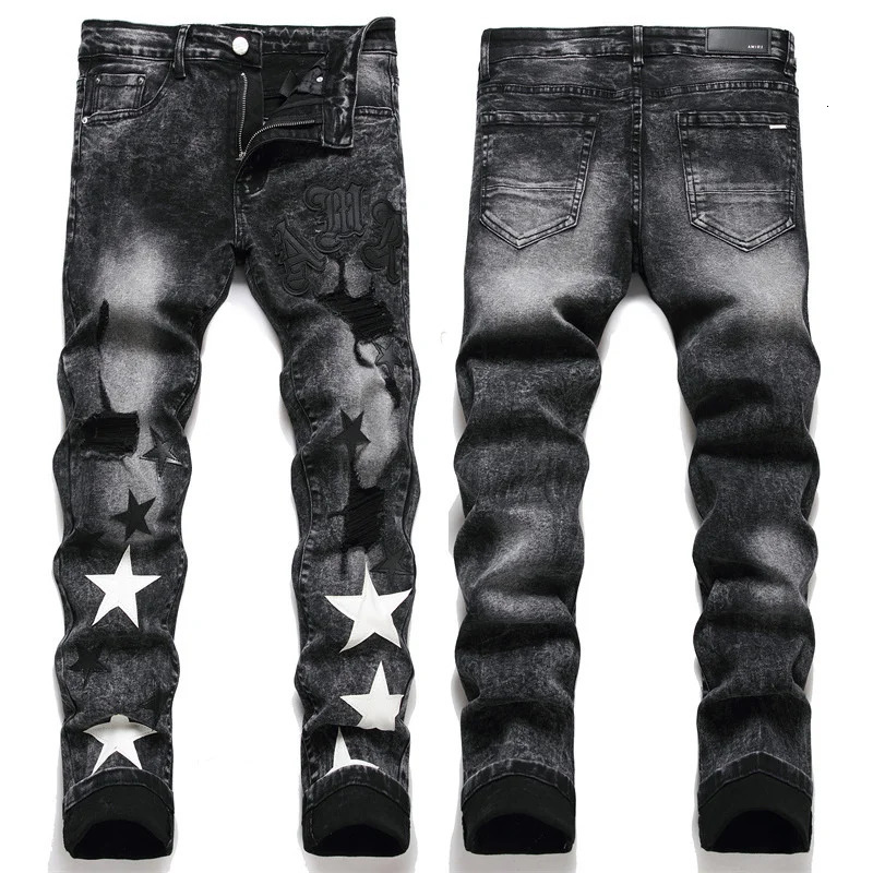 Slim Fit Elastic Black Cotton Embroidered Leather Label With Broken Hole Star Fashion Mens Jeans 241024