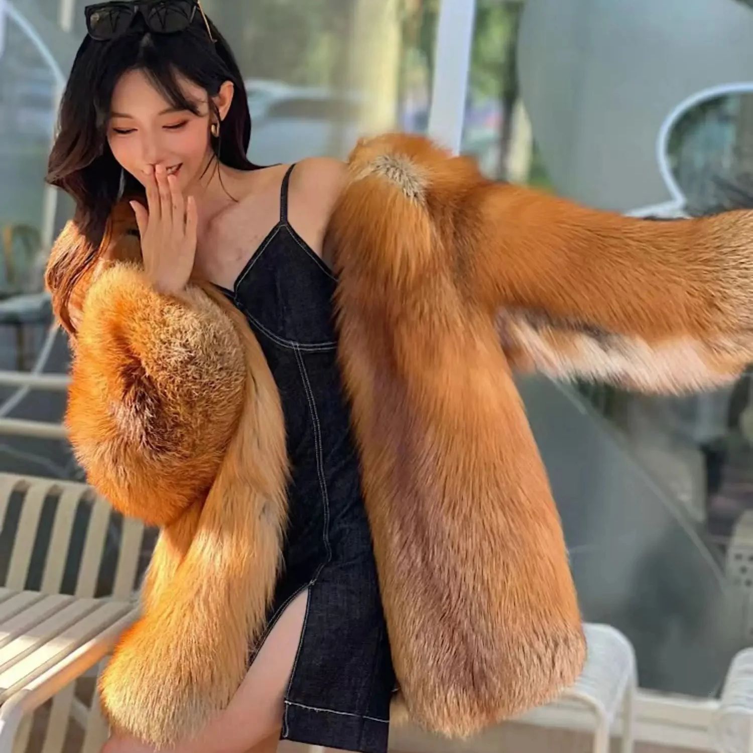 QUEENTINA Natural Real Fox Fur Coat For WomenV Winter JacketV Warm OuterwearV DesignerV External Clothes Plus Fashion New