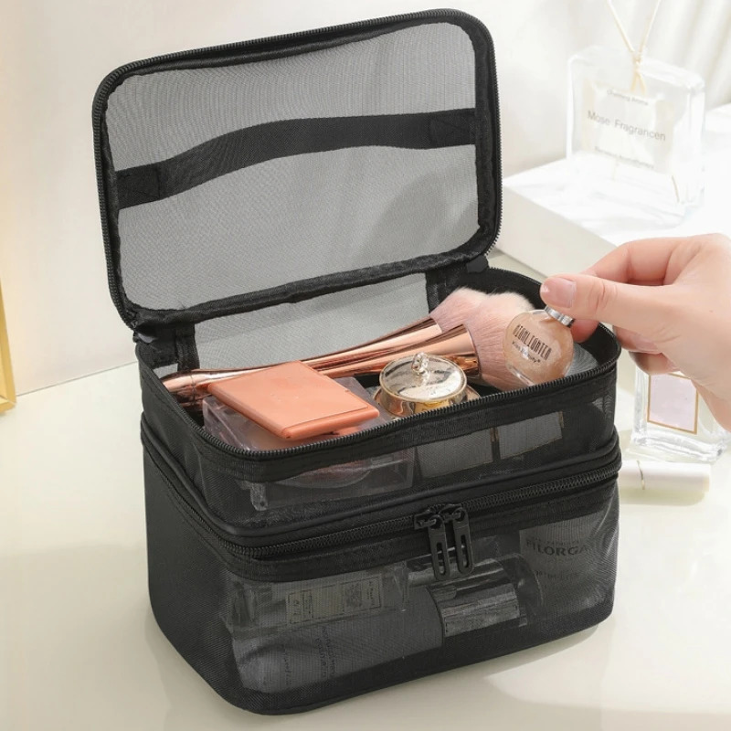 Double layer mesh makeup bag womens portable makeup bag large capacity travel zipper makeup bag 241031