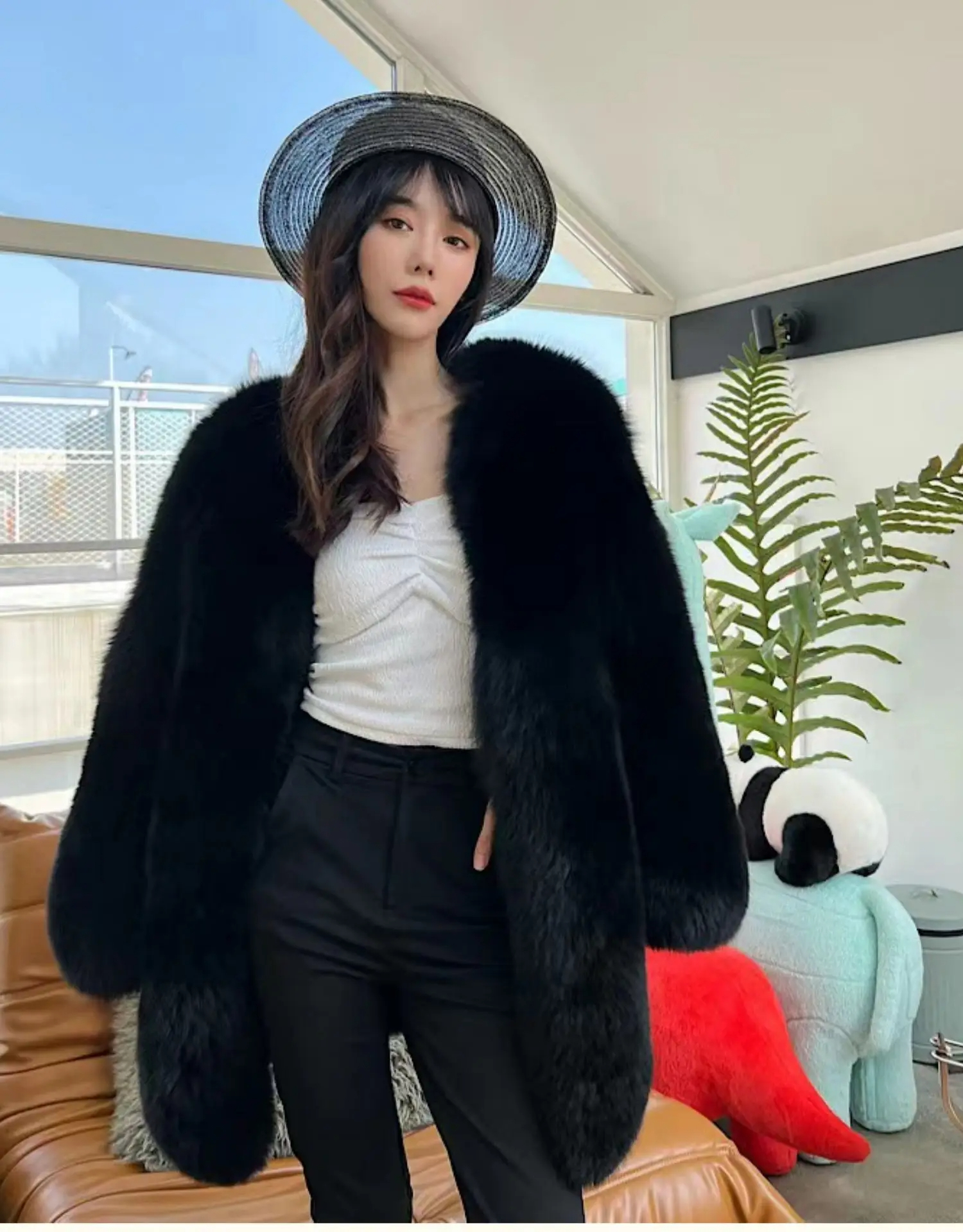 QUEENTINA Natural Real Fox Fur Coat For WomenV Winter JacketV Warm OuterwearV DesignerV External Clothes Plus Fashion New