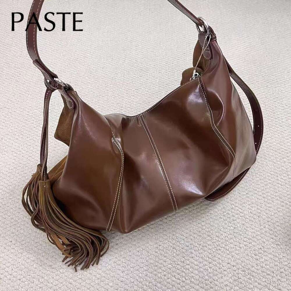 New Vintage Fringe Design Large Winter Tote Oil-Wax Patchwork Suede Leather Women Handbag High-End Underarm Shoulder Bag
