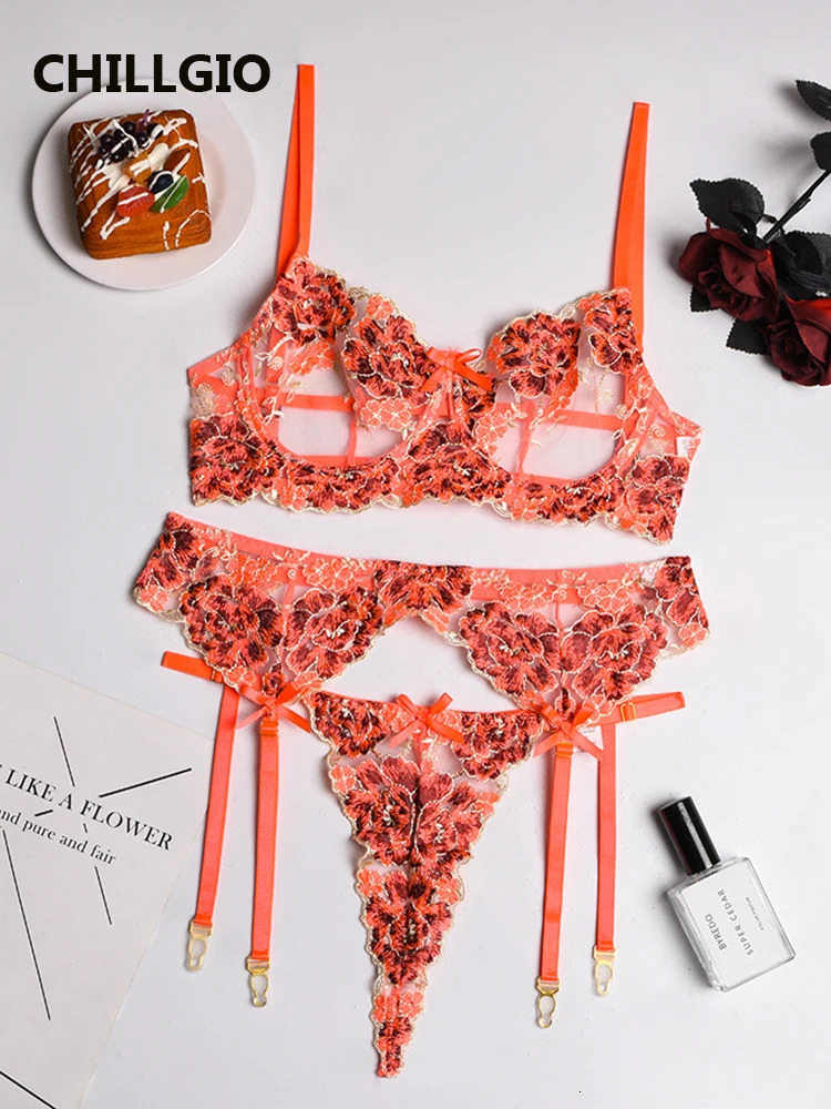 CHILLGIO Women Embroidered Floral Sexy Bra Brief Suits 3 Pieces Erotic Lingerie Vintage Push Up Bodycon Underwire Underwear Sets 241031