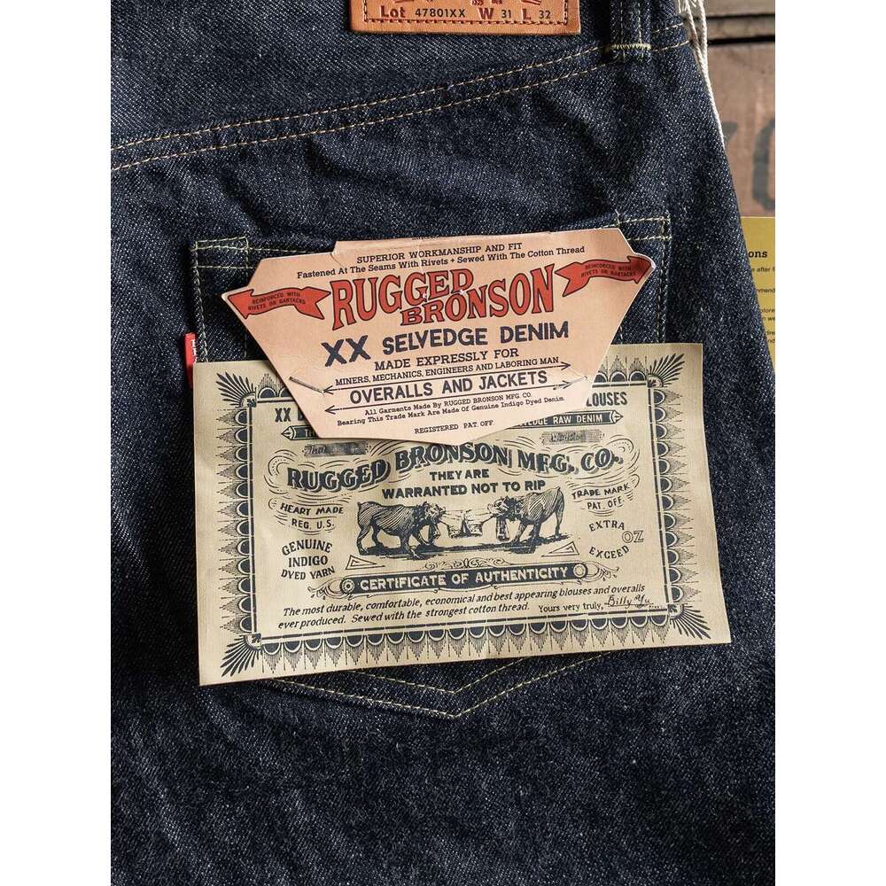 Bronson 47801Xx Jeans Rigid Straight Fit Men Red Workwear Raw Denim Trousers