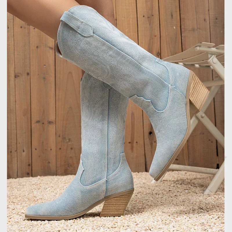 Eilyken Autumn Winter DENIM Pointed Toe Knee-High Boots Women Fashion Embroidery Western Square High Heels Shoes 241031