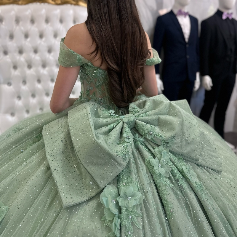 Sage Green Shiny Princess Quinceanera Dresses Off The Shoulder Appliques Flower Beads Tull Corset Vestidos De 15 Anos Sweet 16 Dress