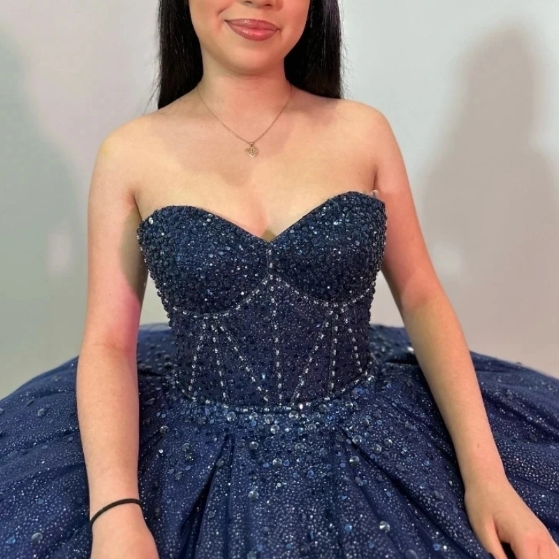 Sparkly Navy Blue Quinceanera Dresses Ball Gown Off The Shoulder Corset Beads Crystal Sweet 16 Party Vestidos De 15 XV Anos
